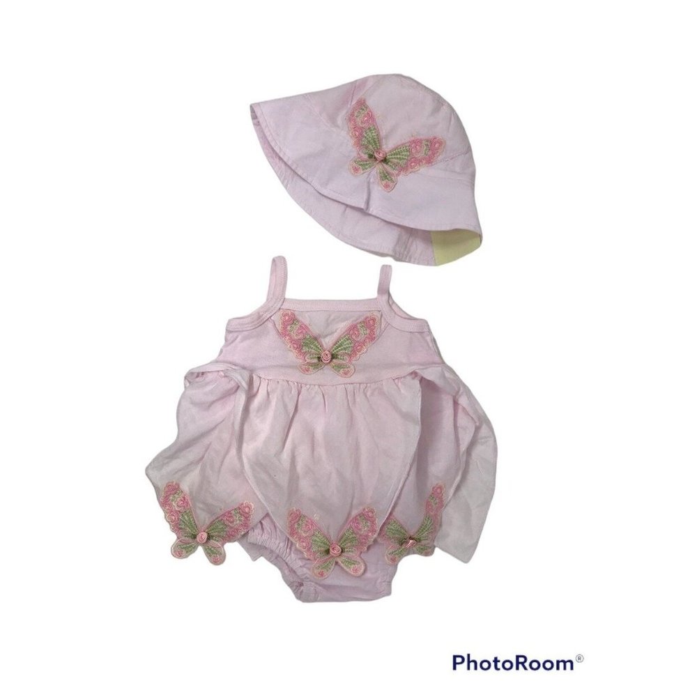 Rose Cage Baby Girls Pink Embroidered Butterfly Sun Suit And Hat, NEW